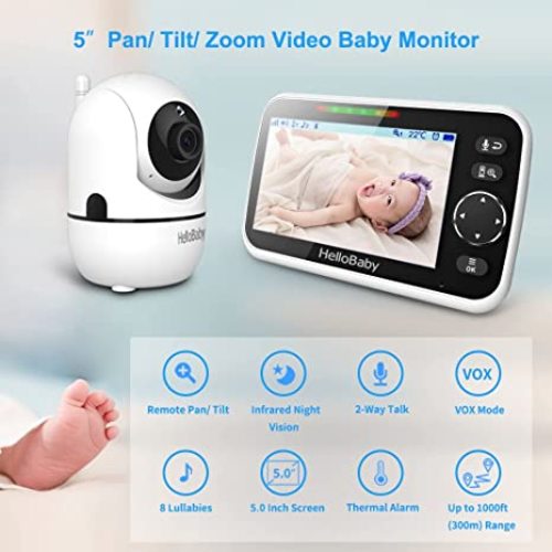 HelloBaby Monitor, 5''Display, Pan-Tilt-Zoom Video Baby Monitor with Camera and Audio, Night Vision, 2-Way Talk, Temperature, 8 Lullabies and 1000ft Range Baby Monitor No WiFi for Elderly