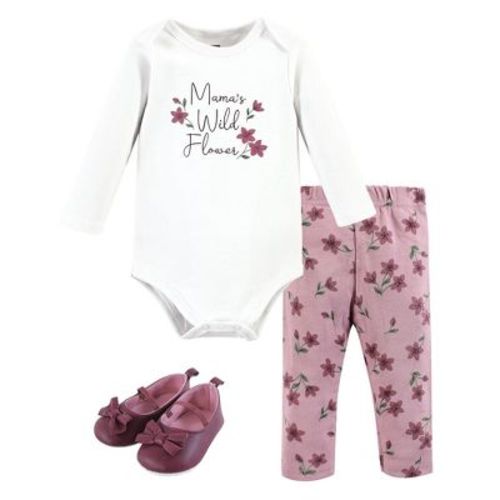 Hudson Baby Infant Girl Cotton Long-sleeve Bodysuit, Pant And Shoe Set, Plum Wildflower, 3-6 Months