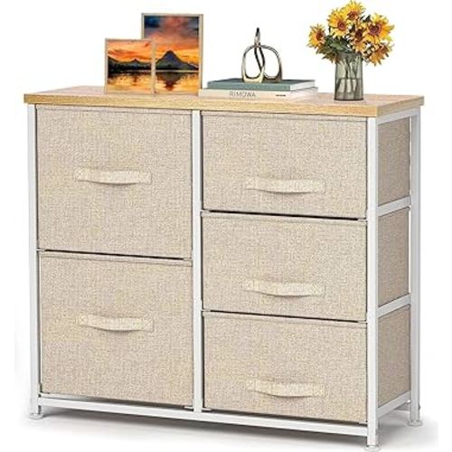 Pipishell Fabric Dresser, 5 Drawer Storage Chest Tower, Organizer Unit for Bedroom, Hallway, Entryway, Closets and Living Room -Sturdy Steel Frame, Wood Top, Easy Pull