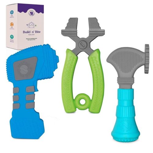 Sperric Silicone Teething Toys For Babies 0-6 Months - Kids Tools Set With Hammer, Pliers, Drill – Double-sided Texture For Gum Soothing – 3pcs