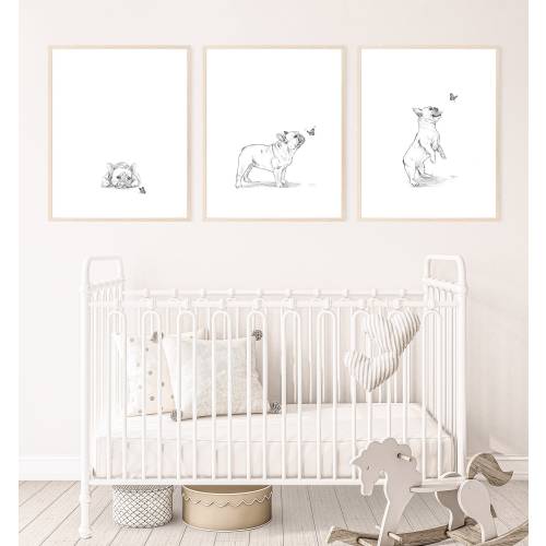 French Bulldog print, puppy nursery print, dog wall art, set of 3, kid room wall art, printable wall art, digital download