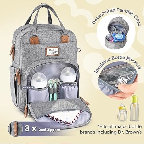 RUVALINO Diaper Bag Backpack, Multifunction Travel Pack Maternity Baby Changing Bags, Large Capacity, Waterproof, Gray
