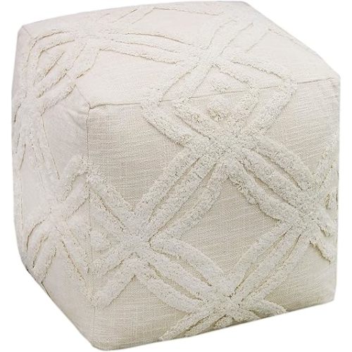 COTTON CRAFT Hand Tufted Pouf - Bedroom Dorm Home Accent - Foot Stool - Ottoman - Bean Bag - Versatile Modern Comfortable Prefilled Woven Cotton Square Pouf Footrest - 16x16x16 inches - Ivory
