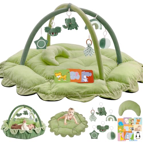 5-in-1 Plush Baby Play Gym, Baby Play Mats, Convertible Baby Gym with Pillow, Tummy time mat, 6 Sensory Toys, Baby Activity Center from Newborn to Toddler, Pet Bed, Cat & Dog Bed, Ball Pit, Green