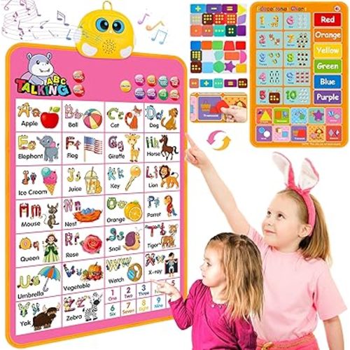 Interactive Alphabet Wall Chart, Talking ABC, 123s, Music Poster, Kids Learning Toys for Toddlers 1-3, Electronic Educational Toddler Toy, Educational Gift for Age 1 2 3 4 5 Year Old Girls Boys - Pink