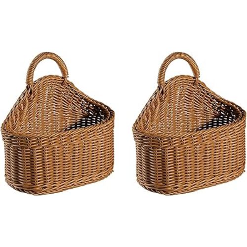 EKDJKK 2 Pcs Hanging Storage Baskets, Plastic Pantry Wicker Baskets, Wall Mount Basket with Hook, Decorative Baskets for Organizing, Small Woven Baskets for Kitchen Bathroom(Brown)