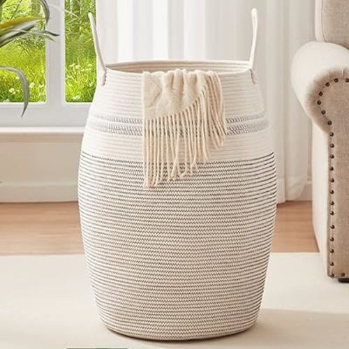 OIAHOMY Laundry Hamper Woven Cotton Rope Large Clothes Hamper 25.6" Height Tall Laundry Basket with Extended Cotton Handles for Storage Clothes Toys in Bedroom, Bathroom, Foldable (Light Grey)