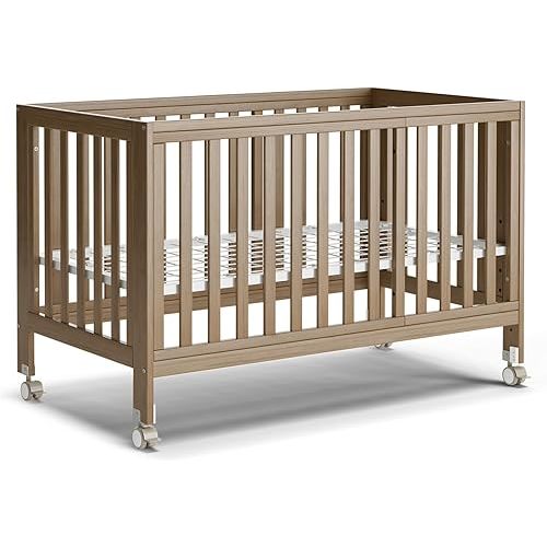 EvoNest Baby Crib, 11 in 1 Convertible Mini Crib with Wheels, 100% New Zealand Wood Growing Bed, 4 Adjustable Mattress Height ,Walnut Brown