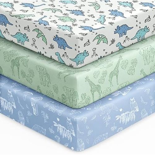 Baby Crib Sheets for Boys Girls, 28x52x8in Fitted Crib Sheet Neutral 3 Pack for Standard Crib and Toddler Mattress, Breathable Soft Microfiber Baby Sheet Green & Blue Dinosaur