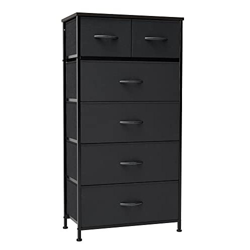 Crestlive Products Vertical Dresser Storage Tower - Sturdy Steel Frame, Wood Top, Easy Pull Fabric Bins - Organizer Unit for Bedroom, Entryway, Closets - 6 Drawers (Black)