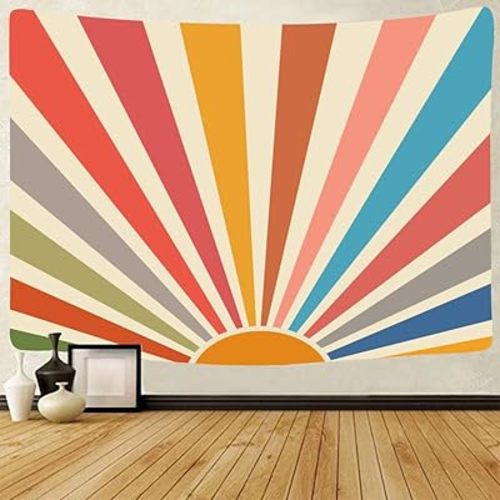 SHUIHAN Vintage Sun Tapestry Bohemia Wall Hanging Retro 70s Rainbow Sunrise Sunset Geometric Grunge Abstract Art Print Hippie Decor for Dorm Nursery Bedroom (51 x 59inch)