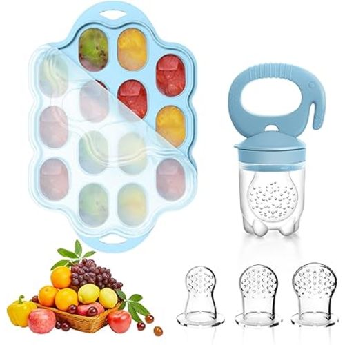 Silicone Baby Food Teether Feeder with Breastmilk Popsicle Molds Combo, BPA Free Baby Fruit Food Feeder Pacifier, Teething Popsicle for Baby 4m+, 3 Sizes Food Pouches Included(Sky Blue)