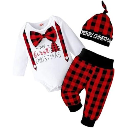 My 1st Christmas Oufit Christmas Baby Boy Outfit Baby Boy Clothes Infant Romper Red Plaid Pants Hat 3Pcs 0-18 Months