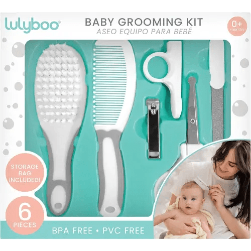 Lulyboo 6-Piece Baby Grooming Kit with Travel Bag - Safe, BPA-Free Newborn Grooming Set Including Nail Clipper, Scissors, Brush, Comb & Emery Board - Perfect Gift for New Parents & On-The-Go Care