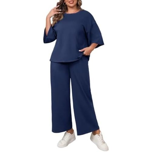 Beautife Womens Plus Size 2 Piece Outfits 3/4 Sleeve Tops and Wide Leg Pants Loungewear Pajamas Sets