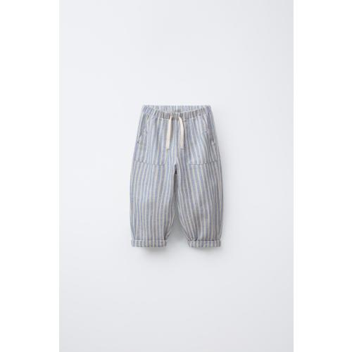 STRIPED LINEN AND COTTON PANTS - Blue