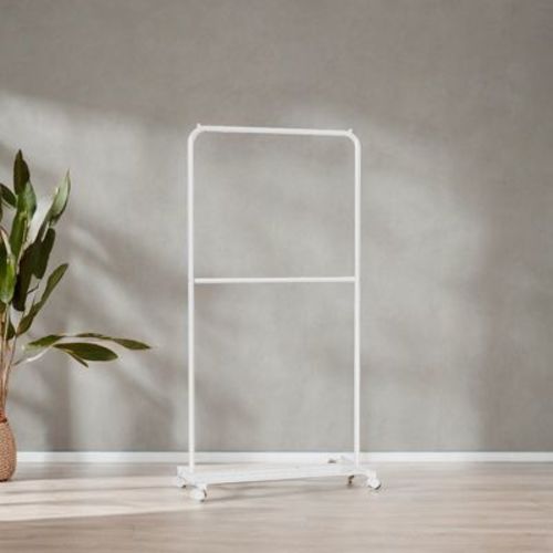 Double-Rod Freestanding Clothes Rack with Wheels Garment Rack with Dense Mesh Storage Shelf 110 lb Load Capacity for Hanging Clothes White