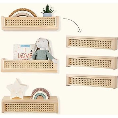 Rattan Shelf 3 Pack, 16 inch Nursery Shelves for Wall, Rattan Decor Boho Shelves, Rattan Bookshelf for Nursery, Floating Book Shelves for Wall, Nursery Shelf, Nursery Book Shelves, Rattan Wall Shelf