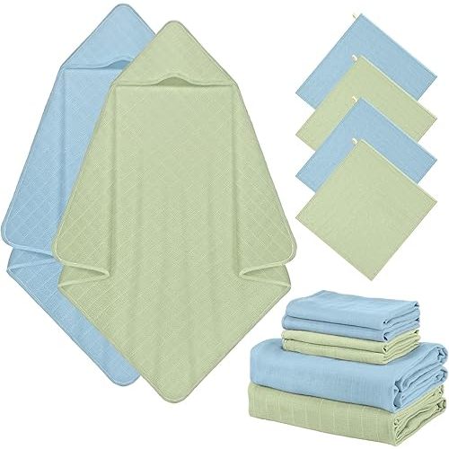 Preboun 6 Pcs Muslin Hooded Baby Towels and Washcloths 32"x 32" Cotton Newborn Bath Towel Anti-Shrink Infant Baby Blankets with Hood 12"x 12" Washcloths for Girl Boy Toddler(Light Blue,Green)