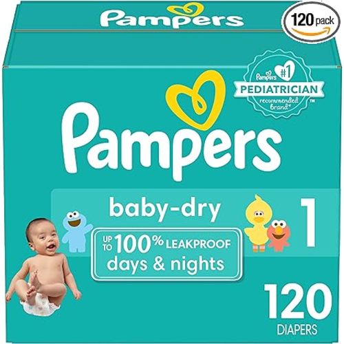Pampers Baby Dry Diapers - Size 1, 120 Count, Absorbent Disposable Diapers