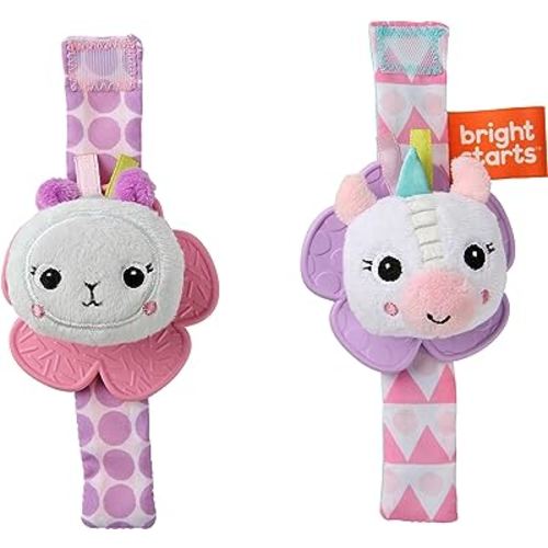 Bright Starts Rattle & Teethe Wrist Pals Toy, Unicorn & Llama, Newborn+, 2 Count