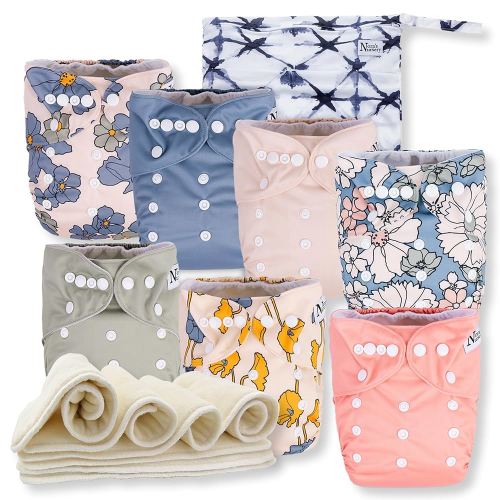 Nora's Nursery Cloth Diapers 7 Pack with 7 Inserts & 1 Wet Bag - Waterproof Cover, Washable, Reusable & One Size Adjustable Pocket Diapers for Newborns and Toddlers - Delilah