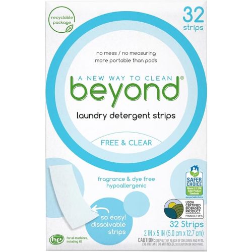 Beyond Laundry Detergent Strips [32 strips] - Free & Clear - Eco-friendly, Hypoallergenic. Travel friendly. Dissolvable Strips.