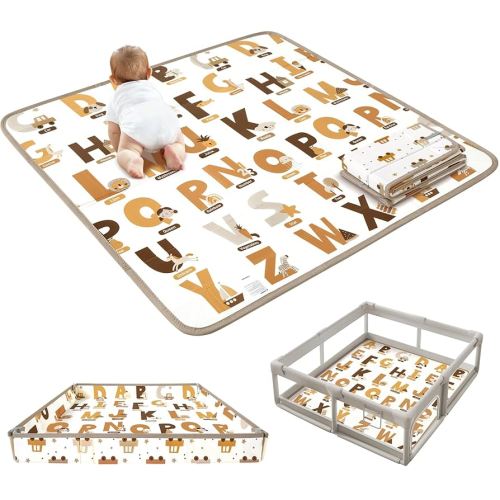 Baby Play Mat, 50" X 50" Foldable Foam Cushioned Play Mat, Waterproof Wipe-Clean for Baby Playpen, Tummy Time & Floor Play Soft Lightweight with Fold-Up Sides, for Infants and Toddler
