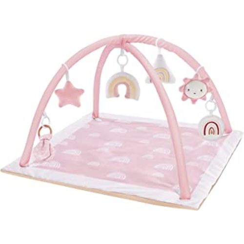 Washable Tummy Time Mat, Baby Play Gym with 6 Featured Toys, Baby Gym for Infant & Toddler, Larger Baby Play Mat, Deluxe Baby Play Mats for Floor, Sensory and Motor Skill Development, Non Slip, Pink