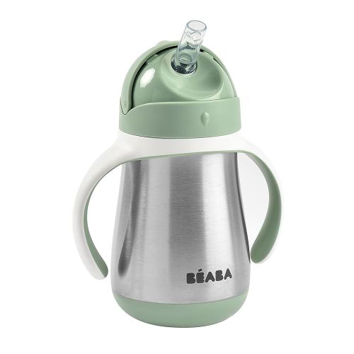 Beaba Stainless Steel Straw Sippy Cup, Insulated Toddler Cups Spill Proof with Removable Handles, Made with High Grade Stainless Steel, 8+ Months, 8.5 oz, (Sage)