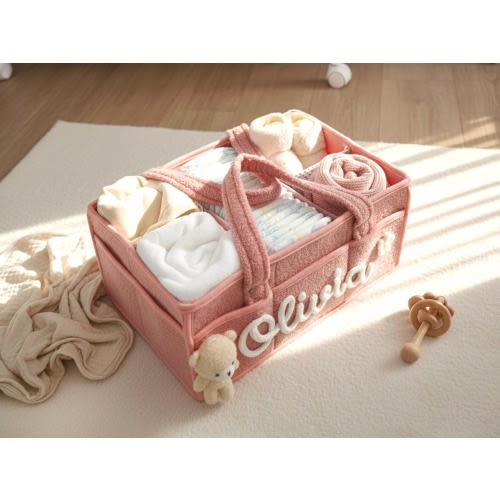 Personalized Plush Baby Storage Basket:  Soft Bin Side Pockets, Custom Nursery Organizer with Bear