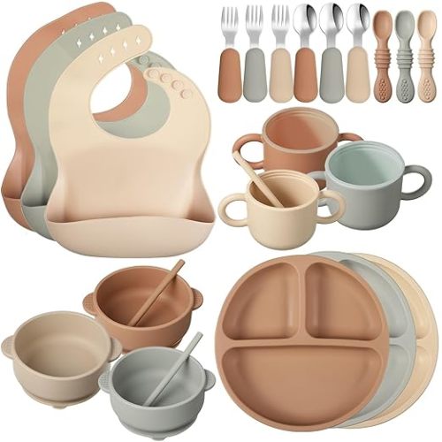 Yinder 24 Pack Silicone Baby Feeding Set Baby Led Weaning Essentials Suction Divided Plate Bowl Spoon Fork Adjustable Bib Snack Cup Straw for 6+ Months(Walnut Color, Beige, Smoky Gray)