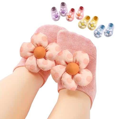 KEAINVRN 4Packs Baby Girls Socks,Flower Non-Slip Grips for Babies Toddler Princess Low Cut Ankle Socks for Girls