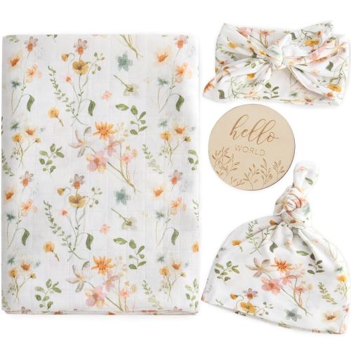 LifeTree Newborn Swaddle Set with Matching Hat and Bow Set, Wooden Birth Announcement Card, Floral Baby Girl Newborn Receiving Blankets Baby Swaddle Nursery Wildflower