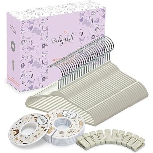 Unisex Nursery Closet Organizer Set - 30X Velvet Hangers for Baby Clothes with 8X Closet Size Dividers (Newborn Infant to Toddler) and 10X Hanger Clips - All in Cute Box (Beige)