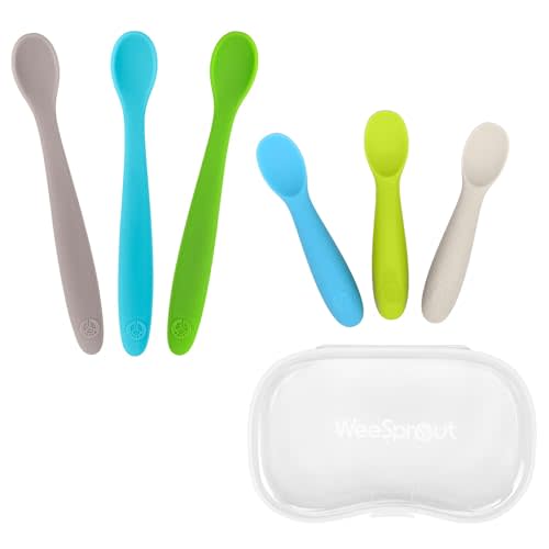 WeeSprout 3 Soft Silicone Spoons & 3 Self Feeding Spoons with Travel Case Bundle - Complete Baby Feeding Set - Easy Grip Handles - Parent & Self-Feeding Utensils - for 6+ Months
