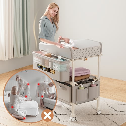 Portable Foldable Baby Changing Table with Wheels, Adjustable Height & Storage