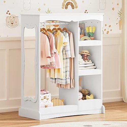 Kids Dress Up Storage with Flower Mirror, Open Hanging Closet Wardrobe for Children, Kids Armoire & Costume Organizer for Bedroom Playroom,White