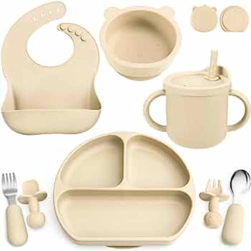 Silicone Baby Feeding Set, Baby Led Weaning Supplies with Suction Bowl Divided Plate, Toddler Self Feeding Dish Set with Spoons Forks Sippy Cup Adjustable Bib, Eating Utensils for 6+ Months(Beige)