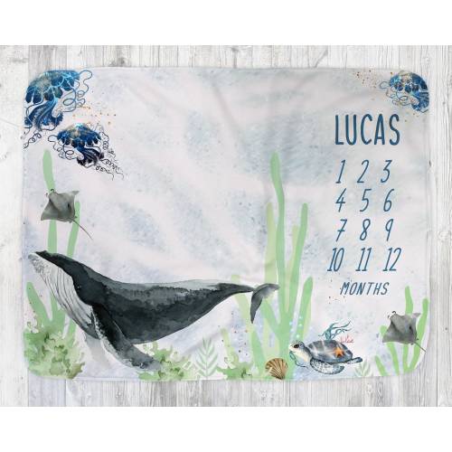 Ocean Milestone Baby Blanket, Under The Sea Milestone Blanket, Baby Shower Gift, Whale Baby Blanket, Baby Month, Whale Milestone Blanket