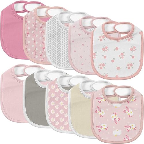 10 Pack Cotton Snap Bibs for Baby Boy Girl, Super Soft Drool Bibs for Teething and Feeding