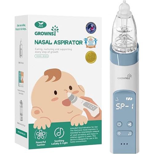 GROWNSY Nasal Aspirator for Baby, Electric Nose Aspirator for Toddler, Baby Nose Sucker, Automatic Nose Cleaner with 3 Silicone Tips, Adjustable Suction Level, Music and Light Soothing Function, Blue
