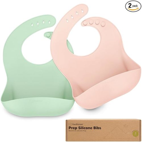 KeaBabies 2-Pack Silicone Bibs for Babies, Toddlers Girl, Boy – Sturdy Food-Grade Baby Bibs for Eating, Large Food Catcher, Clean & Put On Easily, Waterproof Toddler Feeding Essentials (Mellow)