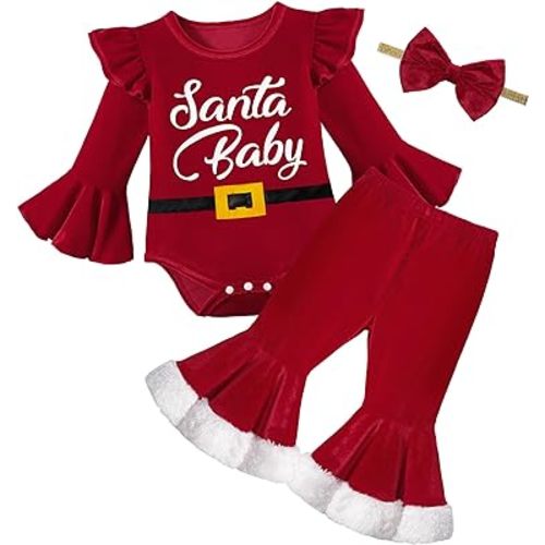 Baby Girl Christmas Outfit My First Christmas Ruffle Sleeve Santa Baby Romper + Velvet Bell Bottoms + Headband 3Pcs