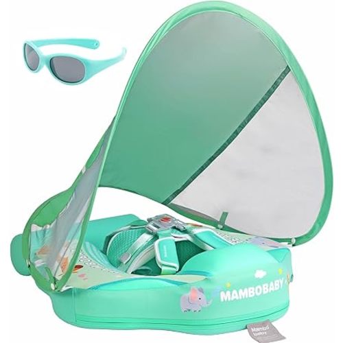 Mambobaby Newest Non Inflatable Baby Float Size Improved Add Tail Avoid Flip Over Swim Trainer Solid Infant Pool Float with Canopy UPF 50+ Swim Ring - mfGR