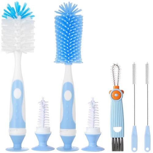 5-in-1 Baby Bottle Brush Set, Including Nylon and Silicone Bottle Brush, Bottle Cap, Straw and Nipple Cleaner, BPA-Free (Blue)