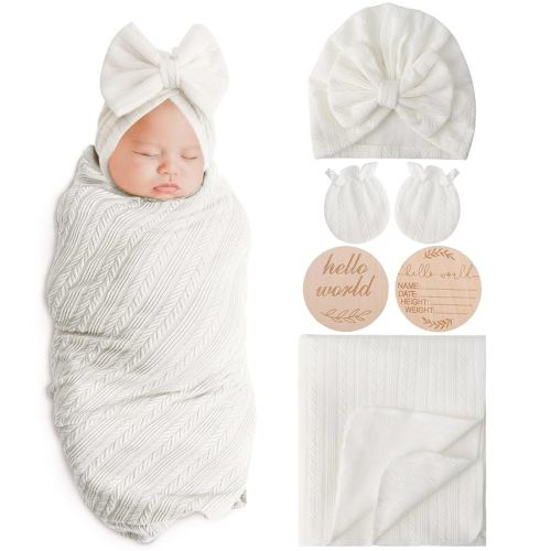 Newborn Receiving Blanket with Bow Hat Mittens Wooden Card Set Wheat-Pattern Newborns Toddler Baby Boy Girl Nursery Swaddle Wrap