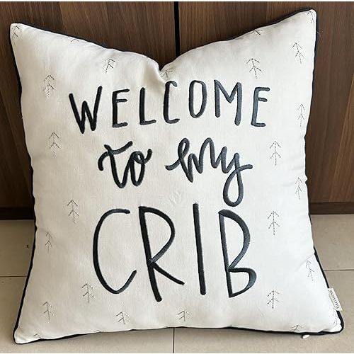 VAGMINE Welcome to My Crib Quote Embroidered Decorative Square Accent Throw Pillowcase - Nursery Decor, Boys Room Decor - 18x18 Inches, Ivory