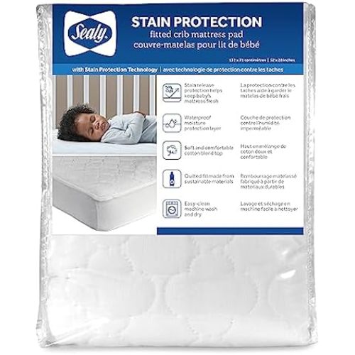 Sealy Baby 2-PACK Fitted Toddler Bed and Baby Crib Mattress Pad Cover Protector, Waterproof Crib Mattress Protector, Noiseless, Machine Washable and Dryer Friendly, 52" x 28" - White