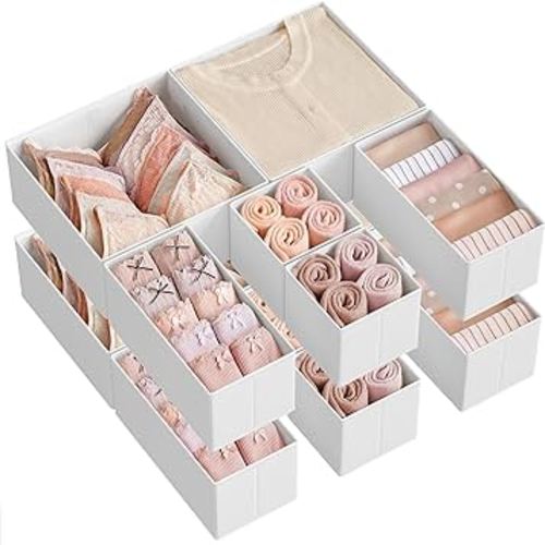 SONGMICS Drawer Organizer,Dresser Drawer Organizers, Set of 12, Foldable Fabric Storage Bins for Socks, Underwear, Bras, Ties, Scarves, Cloud White URDZ006W02